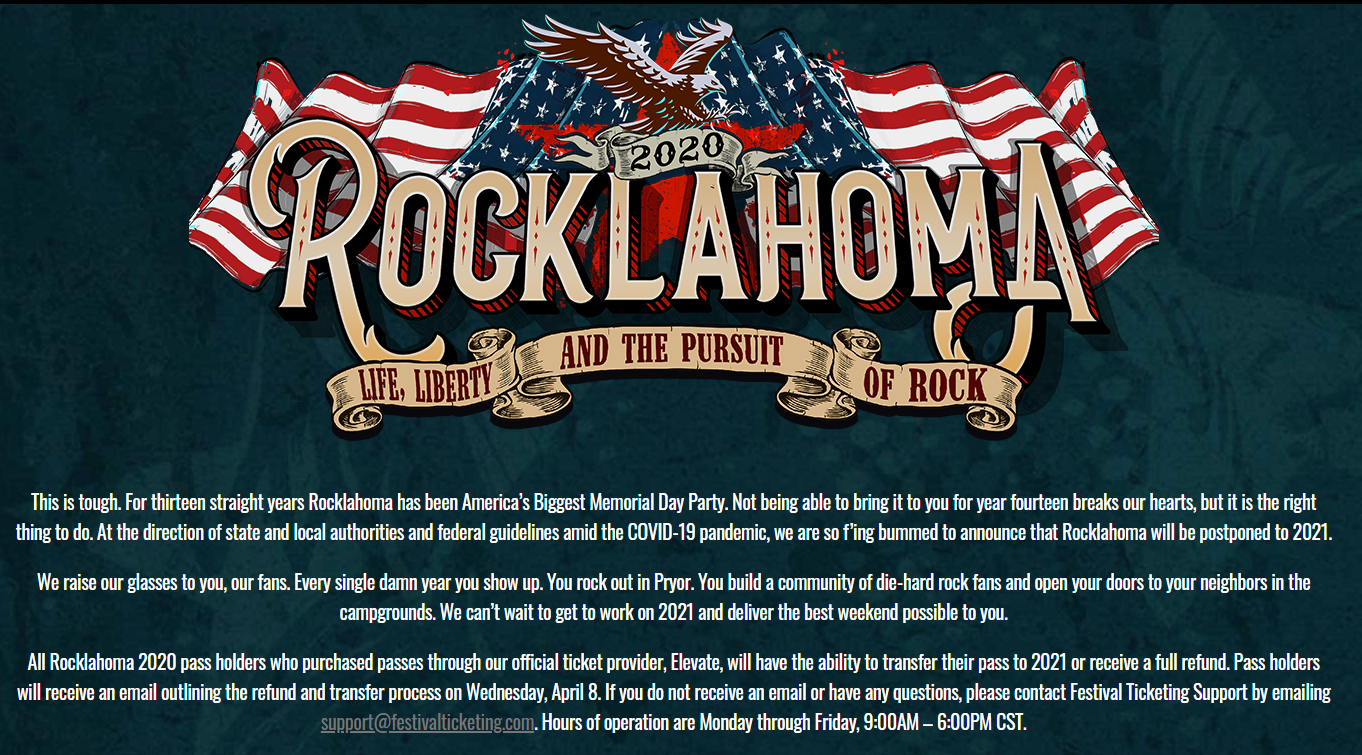 Rocklahoma 2020 postponed. Tough call but the right one.